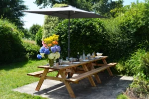 Espace extérieur du Gîte Maligorn avec salon de jardin et barbecue pour des moments conviviaux en groupe.