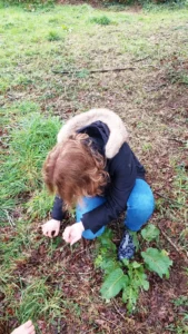 Une personne aux cheveux bruns clairs et ondulés, vêtue d'une veste noire avec une capuche doublée de fourrure et d'un jean bleu, est accroupie sur de l'herbe et de la terre, inspectant de près ou cueillant de petites plantes près d'une grande mauvaise herbe verte sur un sol irrégulier et humide, en plein air.